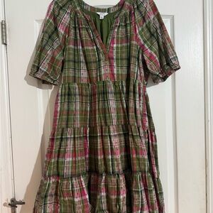 crown & ivy Green and Pink Plaid Midi Dress